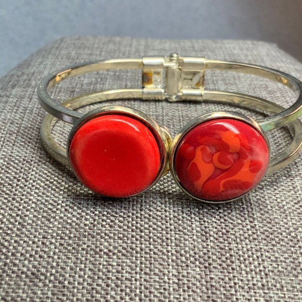 Retro Hinged Bangle Bracelet Red Solid Swirled En… - image 2